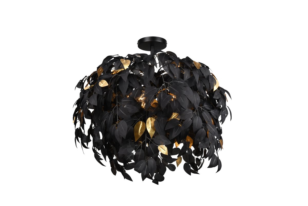 Leavy Ø70 Noir plafonnier De Trio Lighting - La combinaison de feuilles noires et dor&eacute;es avec une canop&eacute;e noire mate lui permet d'&ecirc;tre facilement int&eacute;gr&eacute; dans diff&eacute;rentes combinaisons de couleurs.