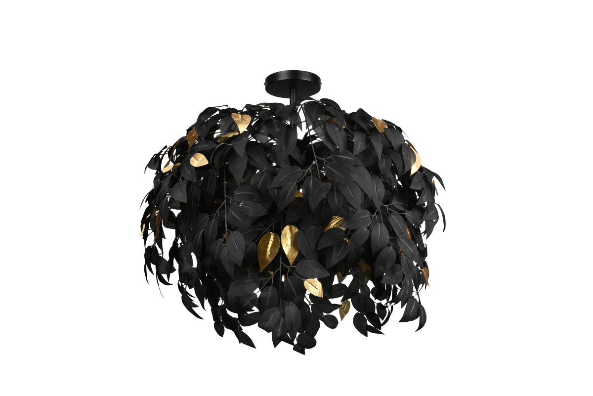 Leavy Ø70 Noir plafonnier De Trio Lighting - La combinaison de feuilles noires et dor&eacute;es avec une canop&eacute;e noire mate lui permet d'&ecirc;tre facilement int&eacute;gr&eacute; dans diff&eacute;rentes combinaisons de couleurs.