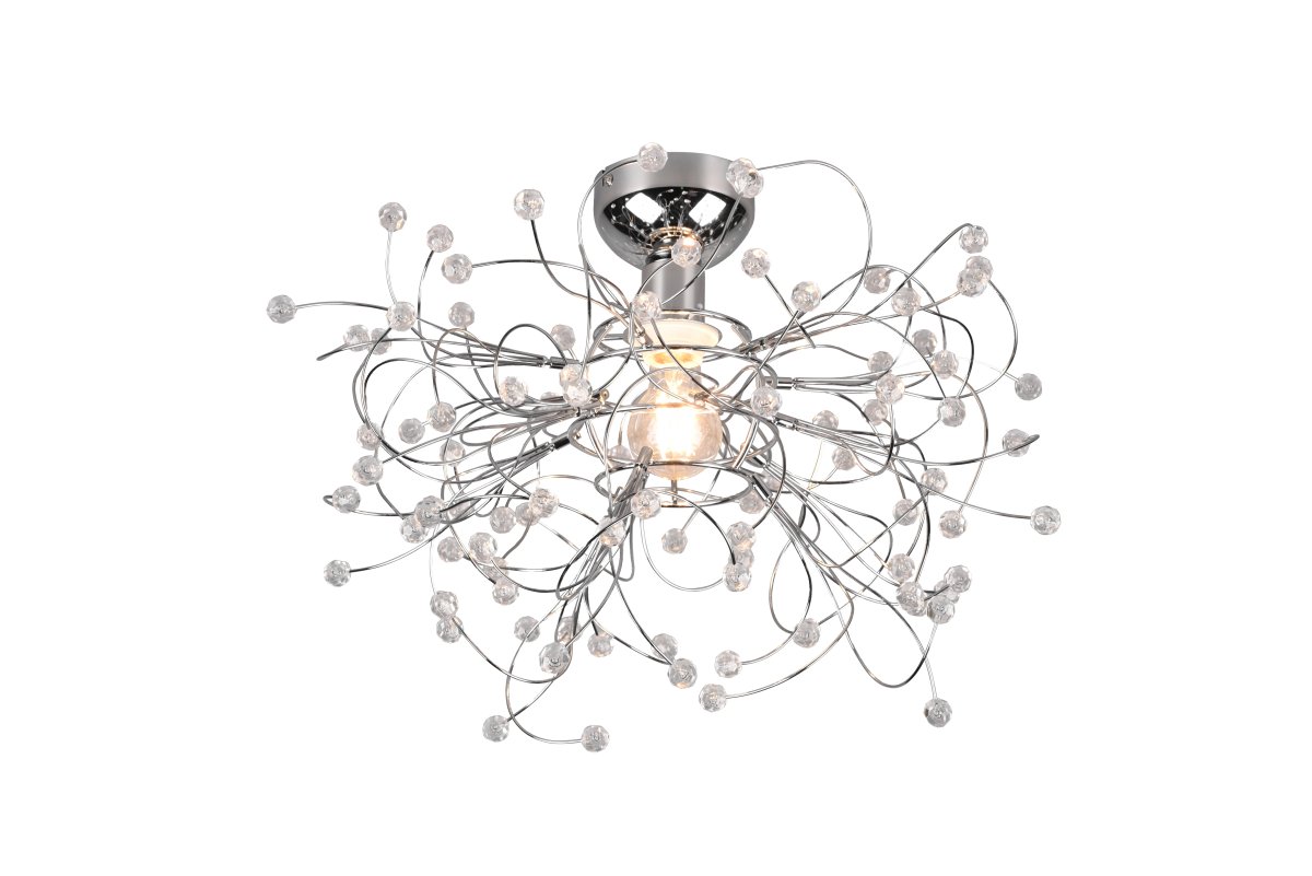 Gloria Ø52 Chrome plafonnier De Trio Lighting - Avec sa forme délicate et ses applications acryliques étincelantes, la lampe crée un effet lumineux chaleureux et invitant, parfait pour les salons et les salles à manger.