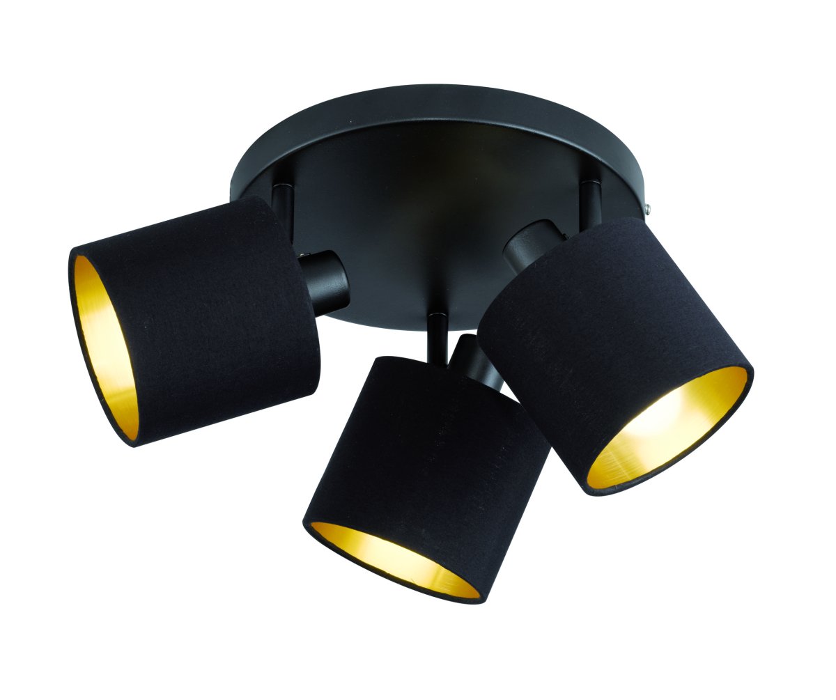 Tommy 3 Noir spot De Trio Lighting - Le spot Tommy allie style et fonctionnalité avec ses trois abat-jours textiles qui diffusent une lumière chaleureuse et chaleureuse.