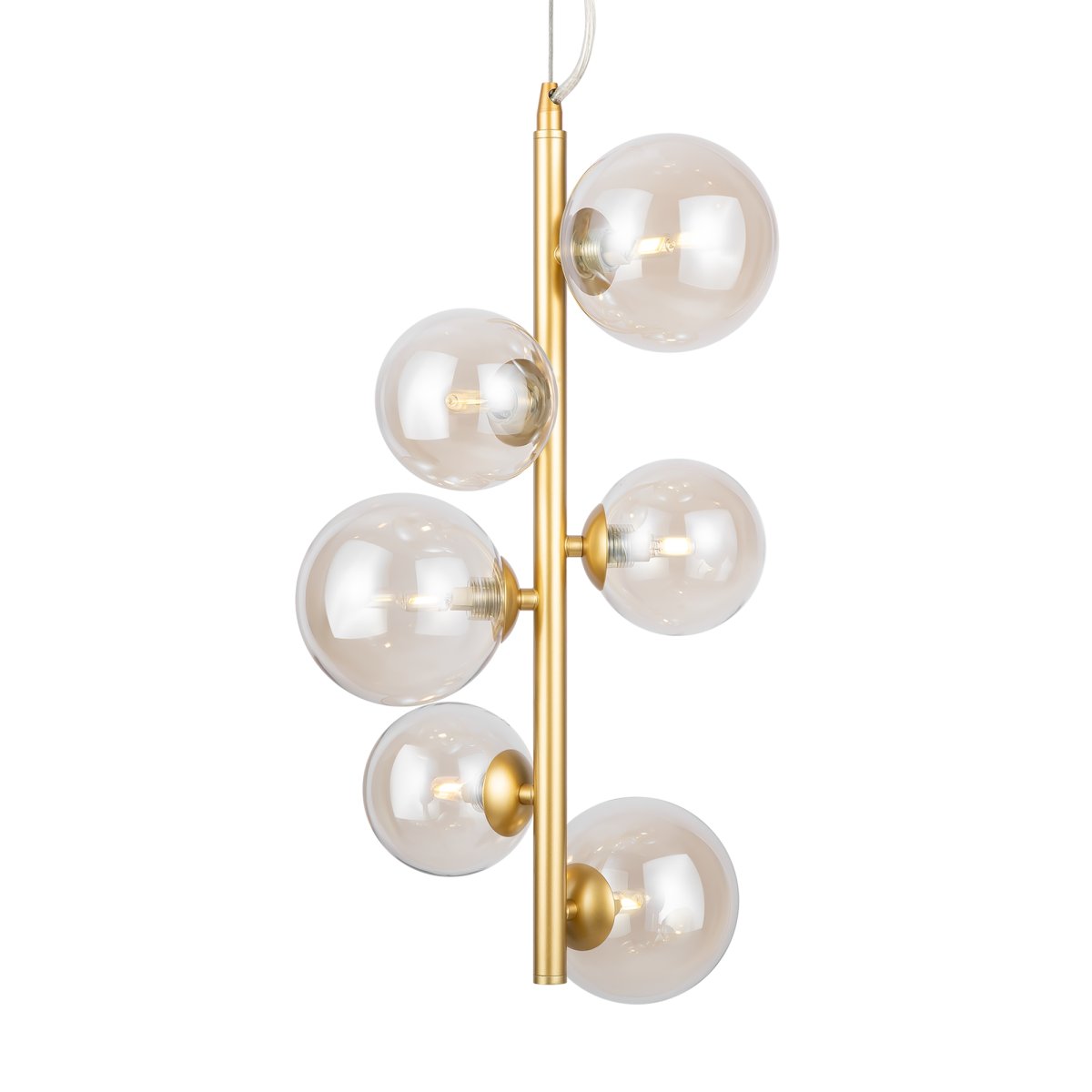 Dallas Ø30 Or suspension De Maytoni - Sa structure métallique sophistiquée, associée à ses sphères en verre ambré, en fait un point focal et s'intègre parfaitement aux petits espaces comme les salons ou les salles à manger.