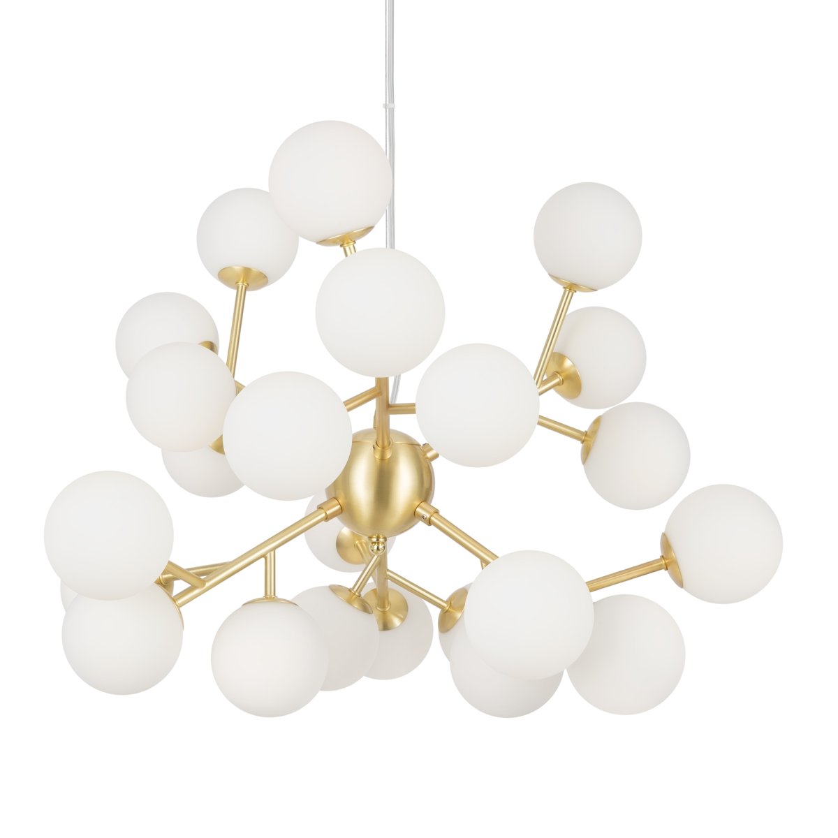 Dallas Ø65 Or suspension De Maytoni - Son cadre m&eacute;tallique sophistiqu&eacute;, associ&eacute; &agrave; ses sph&egrave;res en verre opale blanc, en fait un v&eacute;ritable accroche-regard, id&eacute;al pour les grands espaces comme les salons ou les salles &agrave; manger.