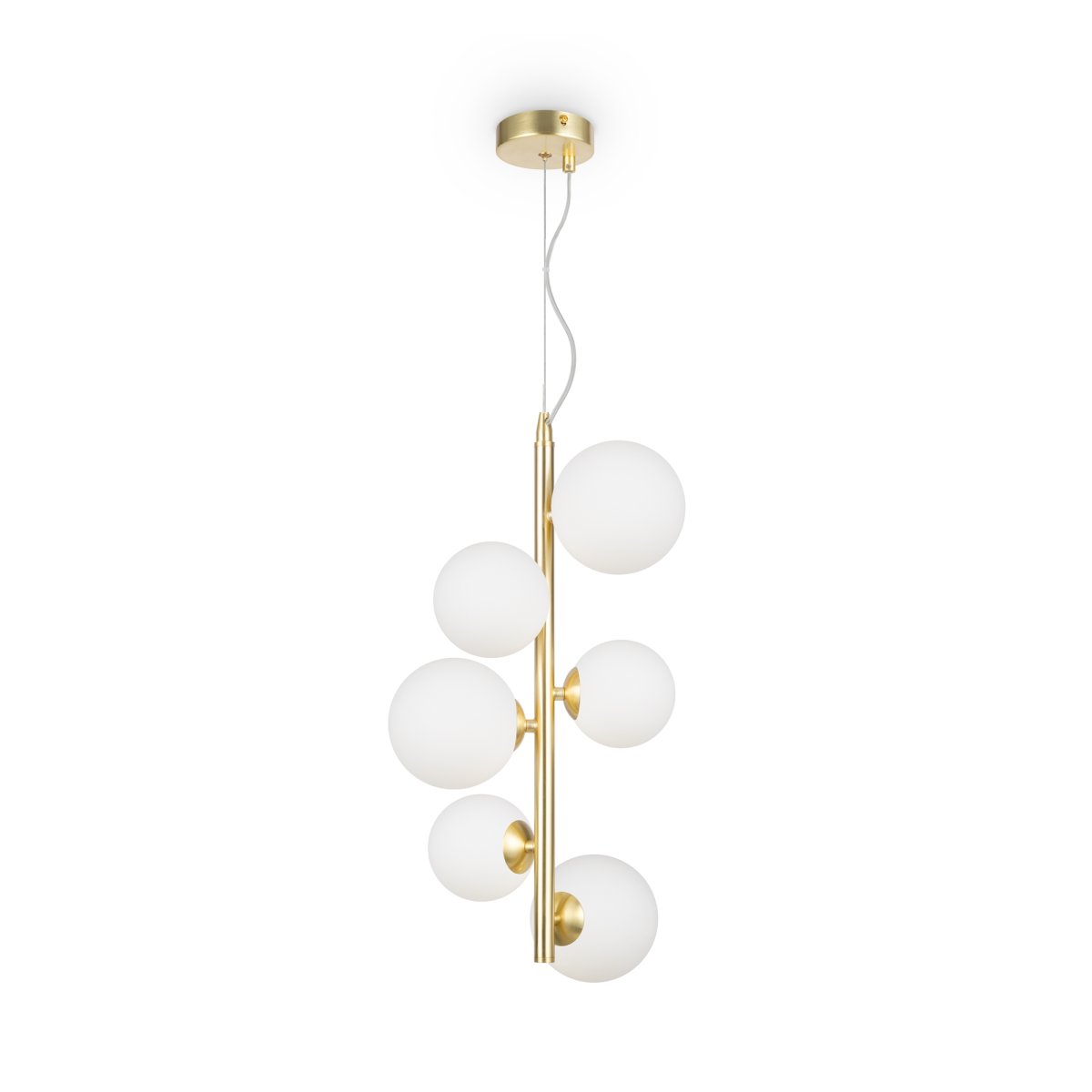 Dallas Ø30 Or suspension De Maytoni - Son cadre métallique sophistiqué, associé à ses sphères en verre opale blanc, en fait un véritable accroche-regard et s'intègre parfaitement aux petits espaces comme les salons ou les salles à manger.