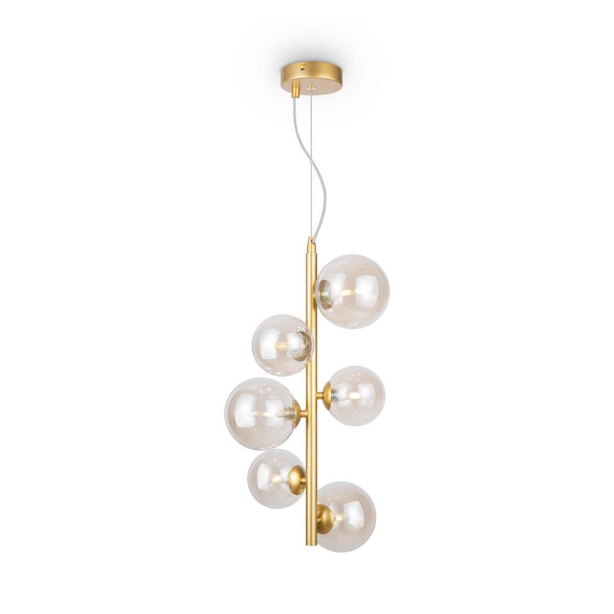 Dallas Ø30 Or suspension De Maytoni - Sa structure métallique sophistiquée, associée à ses sphères en verre ambré, en fait un point focal et s'intègre parfaitement aux petits espaces comme les salons ou les salles à manger.