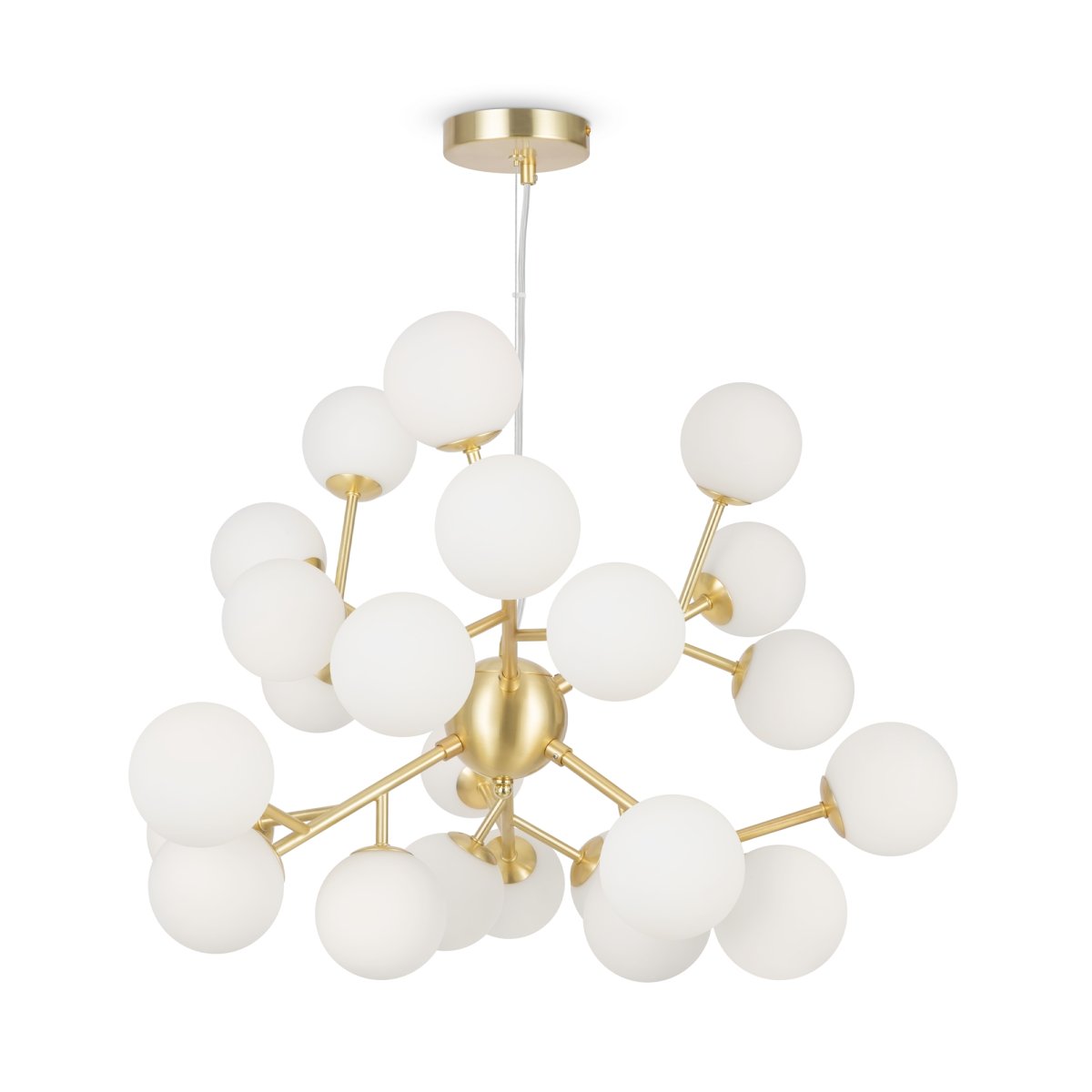 Dallas Ø65 Or suspension De Maytoni - Son cadre m&eacute;tallique sophistiqu&eacute;, associ&eacute; &agrave; ses sph&egrave;res en verre opale blanc, en fait un v&eacute;ritable accroche-regard, id&eacute;al pour les grands espaces comme les salons ou les salles &agrave; manger.