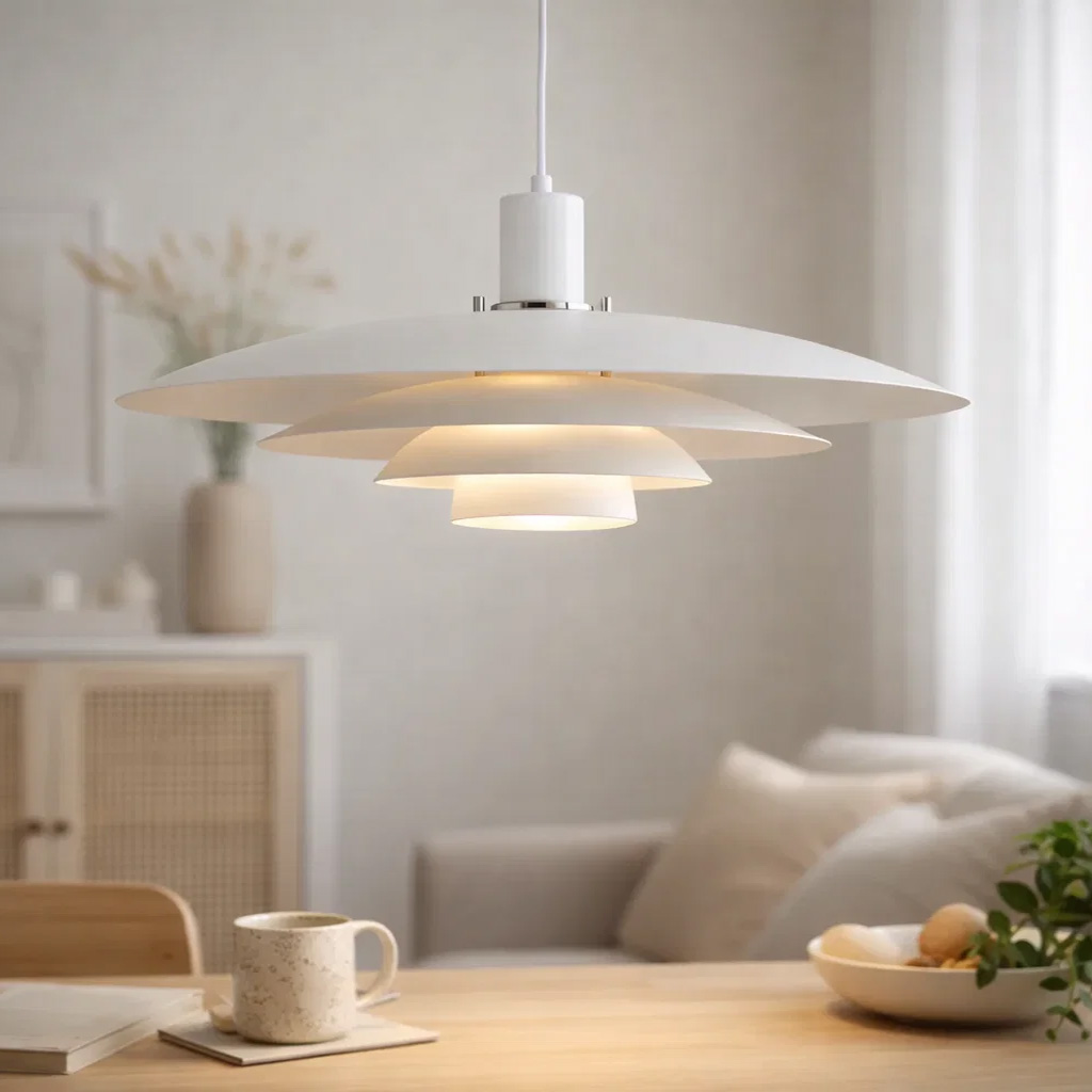 Stealth Ø50 Blanc suspension De Nordic Lighting - La suspension est fournie avec deux jeux de finitions &ndash; boutons et anneaux chrom&eacute;s et blancs &ndash; vous permettant de choisir le style qui vous convient et d'harmoniser le design avec votre d&eacute;coration.