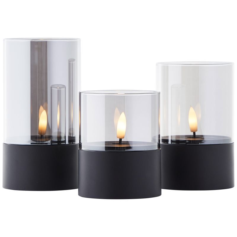 Bougie Pack De 3 Noir/Fumé De Brilliant - Ce lot comprend des lampes de 10 cm, 12,5 cm et 15 cm de hauteur, toutes d'un diam&egrave;tre de 8 cm, id&eacute;ales pour une table, une &eacute;tag&egrave;re ou un rebord de fen&ecirc;tre.