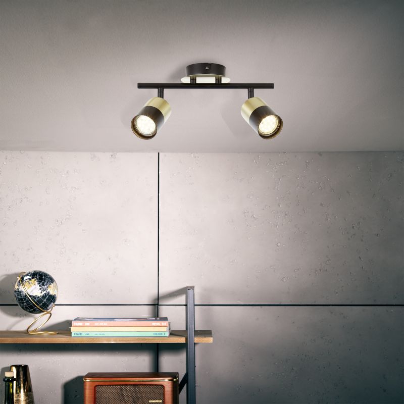 Maribel 2 Noir/laiton brossé spot De Brilliant - Il peut être installé au plafond ou au mur et ses têtes d'éclairage orientables vous permettent de diriger la lumière exactement là où vous le souhaitez, pour mettre en valeur des détails ou éclairer toute la pièce.