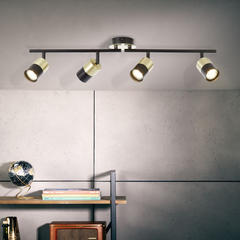 Maribel 4 Noir/laiton brossé spot De Brilliant - Il peut être installé au plafond ou au mur et ses têtes d'éclairage orientables vous permettent de diriger la lumière exactement là où vous le souhaitez, pour mettre en valeur des détails ou éclairer toute la pièce.