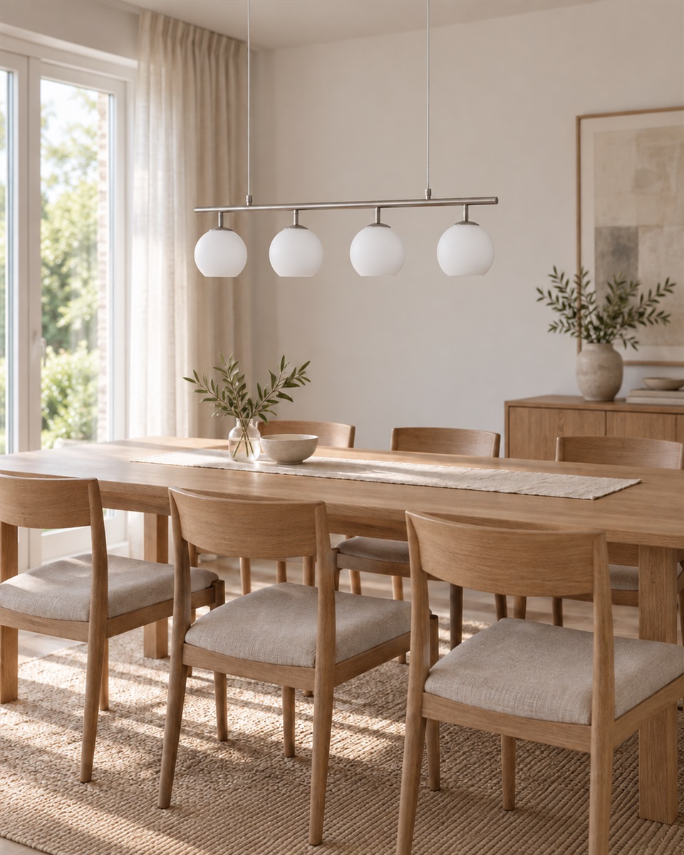 Globi 4 78cm Nickel suspension De Nordic Lighting - Sa suspension en m&eacute;tal finition nickel mat lui conf&egrave;re une touche graphique et raffin&eacute;e, tandis que ses quatre coupoles rondes en verre opale diffusent une lumi&egrave;re agr&eacute;able et homog&egrave;ne dans toute la pi&egrave;ce.