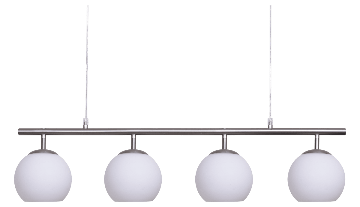 Globi 4 78cm Nickel suspension De Nordic Lighting - Sa suspension en m&eacute;tal finition nickel mat lui conf&egrave;re une touche graphique et raffin&eacute;e, tandis que ses quatre coupoles rondes en verre opale diffusent une lumi&egrave;re agr&eacute;able et homog&egrave;ne dans toute la pi&egrave;ce.