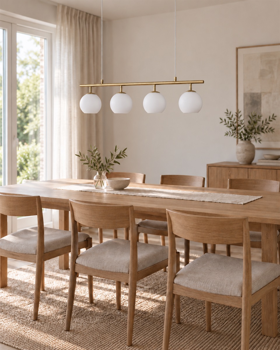 Globi 4 78cm Laiton brossé/blanc suspension De Nordic Lighting - Sa suspension en laiton brossé lui confère une touche sophistiquée et graphique, tandis que ses quatre coupoles rondes en verre opale diffusent une lumière douce et homogène dans toute la pièce.