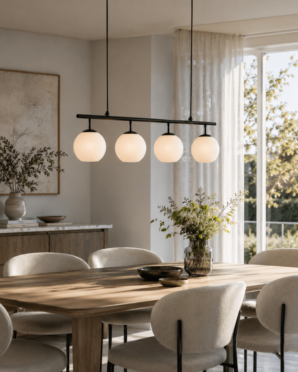 Globi 4 78cm Noir et blanc suspension De Nordic Lighting - Sa suspension en m&eacute;tal noir lui conf&egrave;re une touche graphique et raffin&eacute;e, tandis que ses quatre d&ocirc;mes ronds en verre opale diffusent une lumi&egrave;re agr&eacute;able et homog&egrave;ne dans toute la pi&egrave;ce.