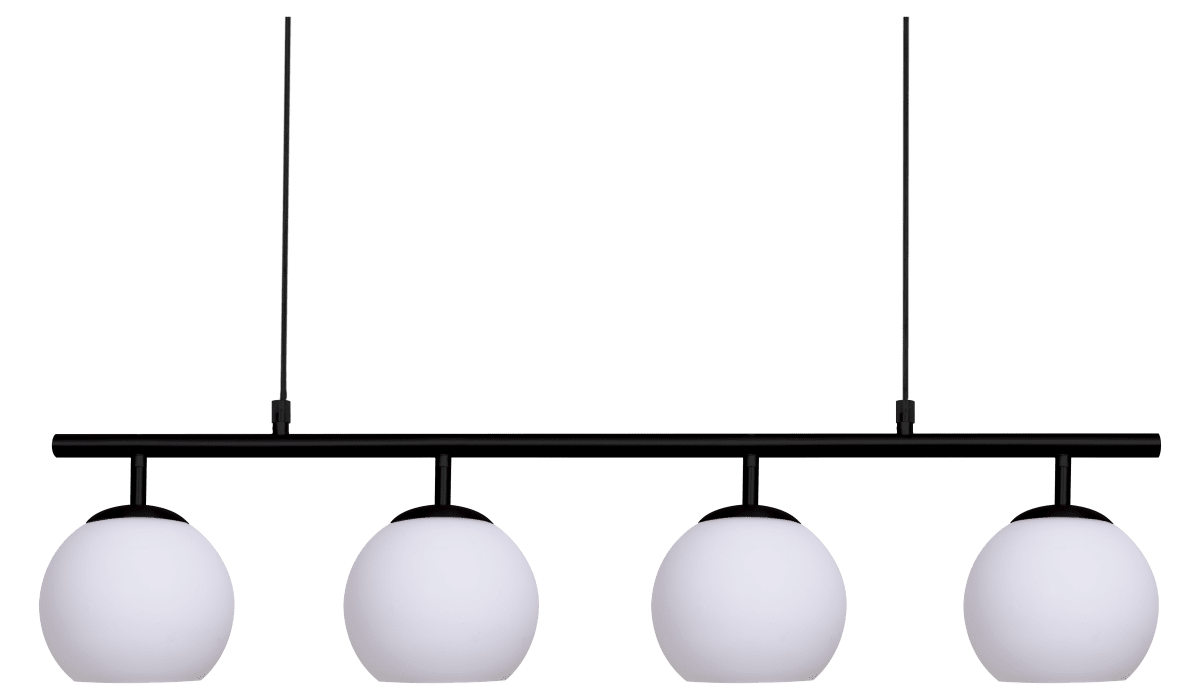 Globi 4 78cm Noir et blanc suspension De Nordic Lighting - Sa suspension en métal noir lui confère une touche graphique et raffinée, tandis que ses quatre dômes ronds en verre opale diffusent une lumière agréable et homogène dans toute la pièce.