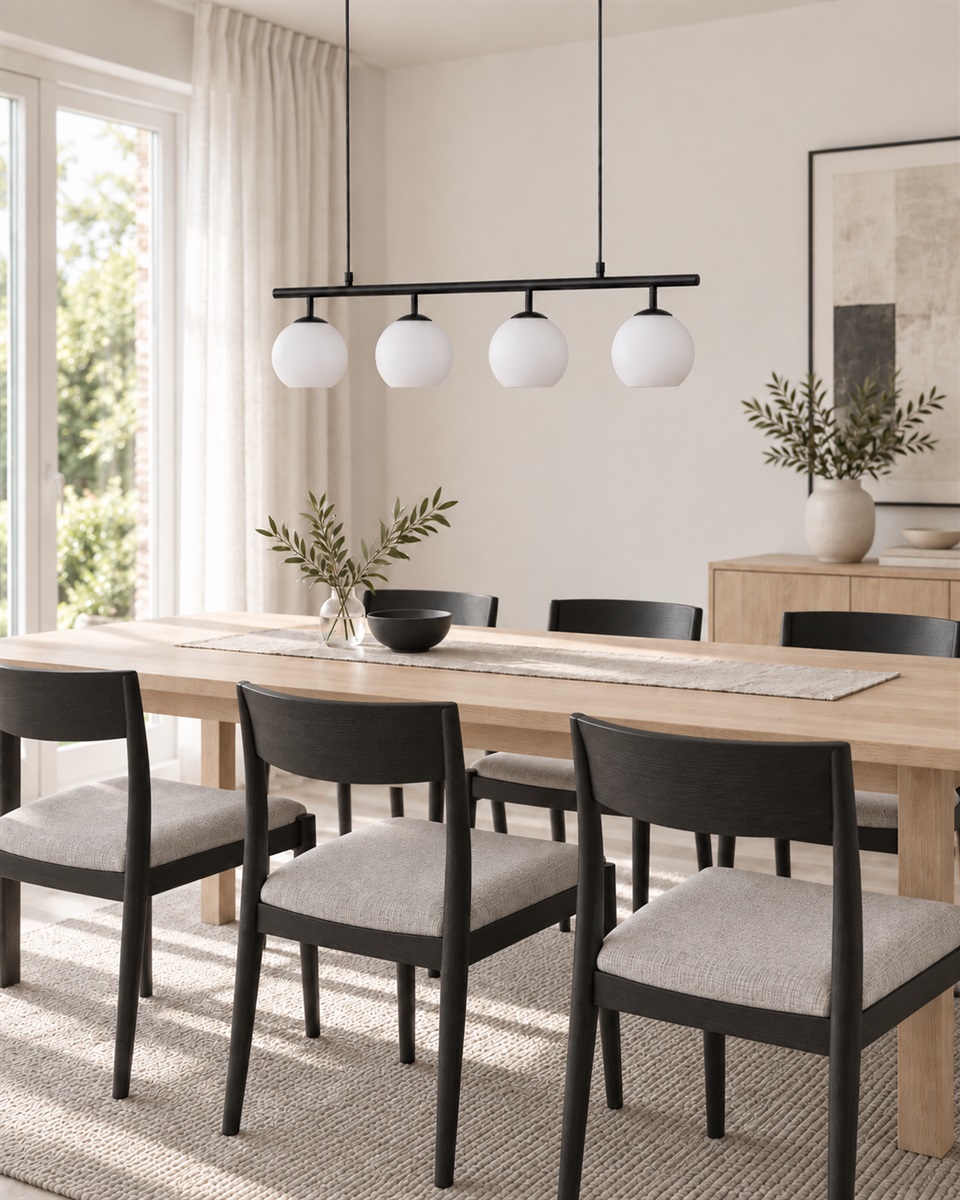 Globi 4 78cm Noir et blanc suspension De Nordic Lighting - Sa suspension en métal noir lui confère une touche graphique et raffinée, tandis que ses quatre dômes ronds en verre opale diffusent une lumière agréable et homogène dans toute la pièce.