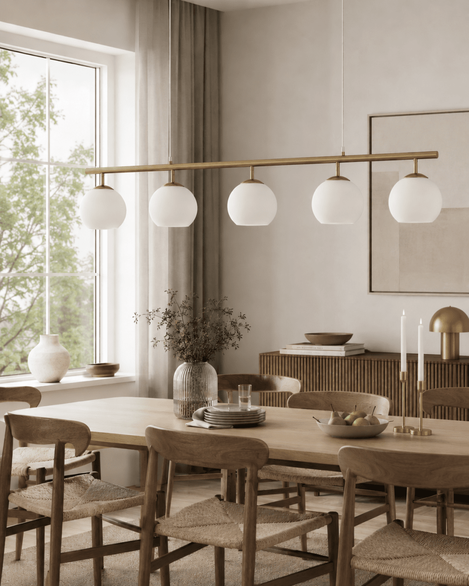 Globi 5 120cm Laiton brossé/blanc suspension De Nordic Lighting - Sa suspension en laiton bross&eacute; lui conf&egrave;re une touche sophistiqu&eacute;e et graphique, tandis que ses cinq coupoles rondes en verre opale diffusent une lumi&egrave;re agr&eacute;able et homog&egrave;ne dans toute la pi&egrave;ce.