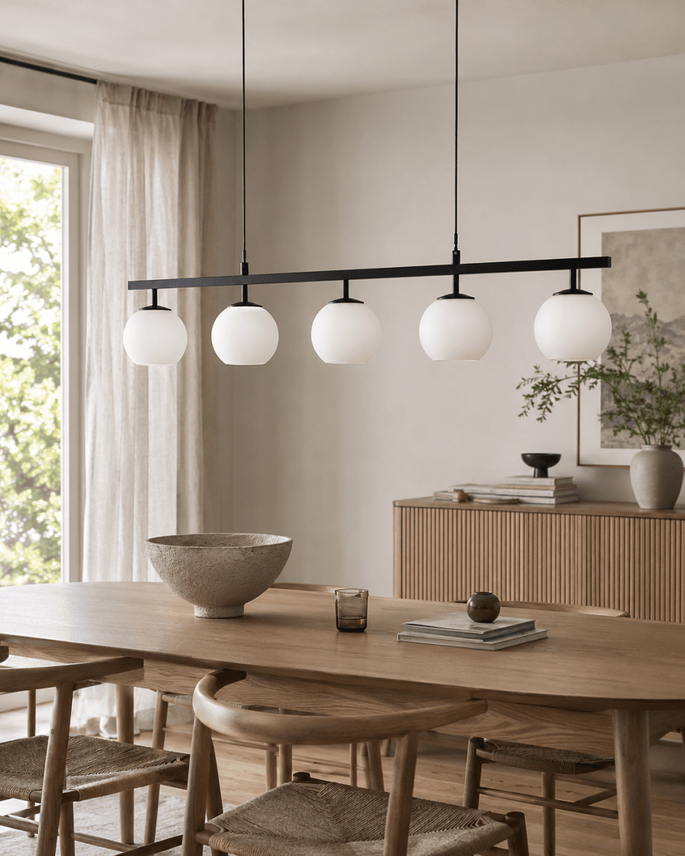 Globi 5 120cm Noir et blanc suspension De Nordic Lighting - Sa suspension en m&eacute;tal noir lui conf&egrave;re une touche graphique et raffin&eacute;e, tandis que ses cinq coupoles rondes en verre opale diffusent une lumi&egrave;re agr&eacute;able et homog&egrave;ne dans toute la pi&egrave;ce.
