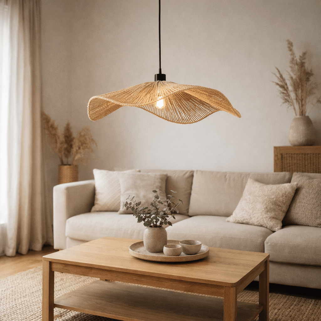 Rocca Ø70 Nature suspension De Nordic Lighting - Id&eacute;ale pour ajouter une touche naturelle et &eacute;l&eacute;gante au-dessus de la table &agrave; manger ou dans le salon.