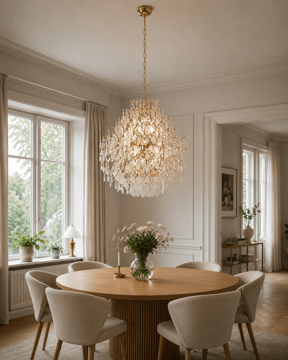 Palais Ø58 Or cristal De Lampan - Elle est orn&eacute;e de prismes givr&eacute;s qui cr&eacute;ent un jeu de lumi&egrave;re doux et onirique et cr&eacute;ent une atmosph&egrave;re exclusive dans la pi&egrave;ce.