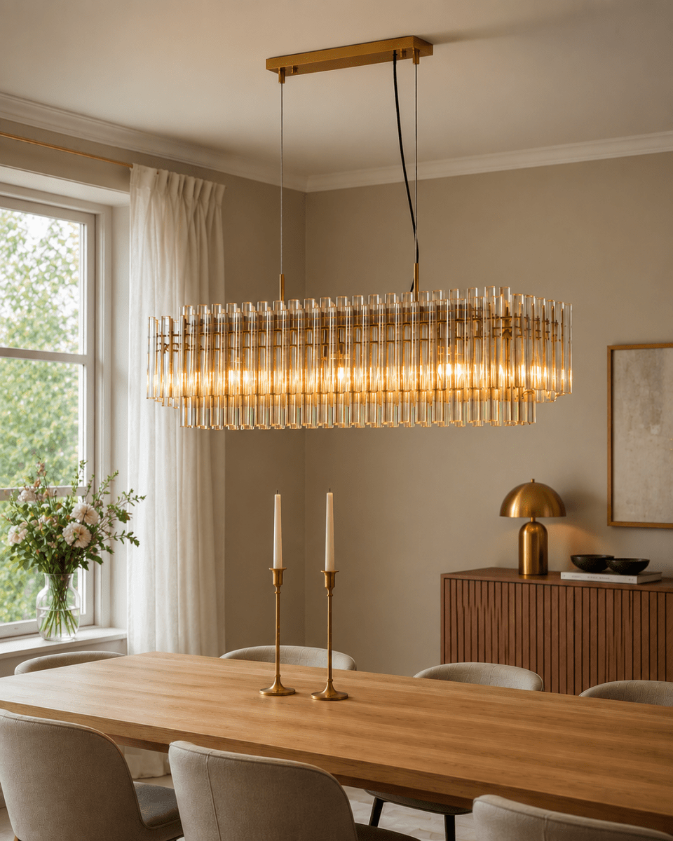 Lancaster 105cm Laiton/ambre suspension De Lampan - Lancaster est un plafonnier exclusif qui allie &eacute;l&eacute;gance moderne et d&eacute;tails classiques.