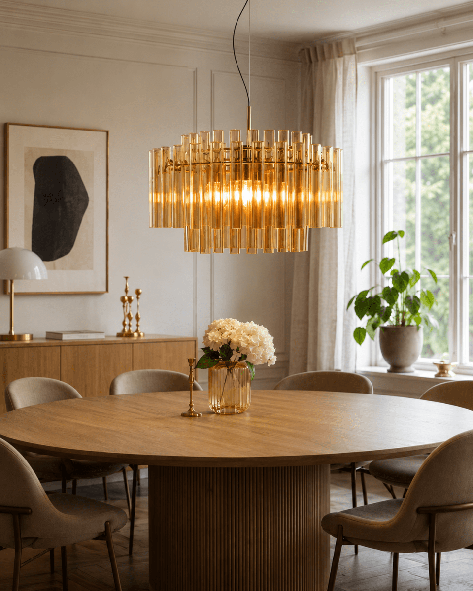 Lancaster Ø54 Laiton/ambre suspension De Lampan - La lumi&egrave;re est joliment filtr&eacute;e &agrave; travers le verre, cr&eacute;ant une douce lueur dor&eacute;e qui conf&egrave;re &agrave; la pi&egrave;ce une atmosph&egrave;re luxueuse et accueillante.