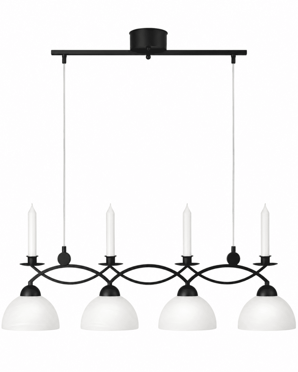 Florens 90cm Noir suspension De Cottex - Le plafonnier Floren en métal et verre blanc allie élégance et fonctionnalité avec un espace pour quatre lumières et ajoute une touche classique à votre maison.