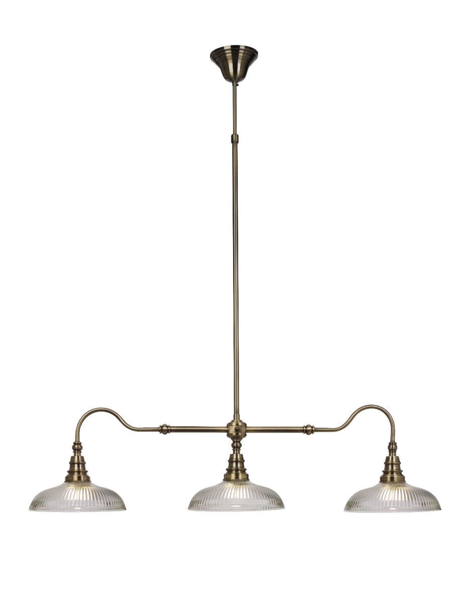 Snooker 107cm Antique suspension De Cottex - Le plafonnier Snooker en m&eacute;tal avec laiton antique et verre transparent avec une structure nervur&eacute;e est un luminaire &eacute;l&eacute;gant et styl&eacute; qui rehausse l'atmosph&egrave;re de n'importe quelle pi&egrave;ce.
