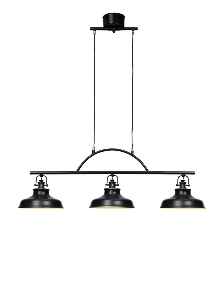 New Haven 96cm Noir antique suspension De Cottex - Les trois abat-jour ont un int&eacute;rieur blanc pour une r&eacute;flexion de la lumi&egrave;re particuli&egrave;rement bonne, ce qui fournit une lumi&egrave;re optimale au-dessus de la table &agrave; manger ou de la cuisine.
