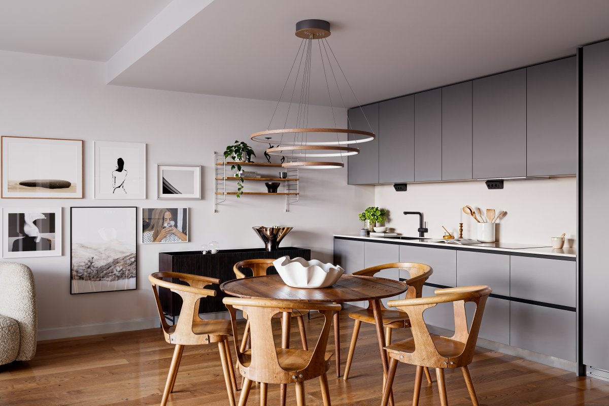 Trione Ø80 Noyer suspension De By Rydéns - Chaque anneau (80 cm, 60 cm et 40 cm de diam&egrave;tre) se r&egrave;gle facilement en hauteur et en position gr&acirc;ce &agrave; son support.