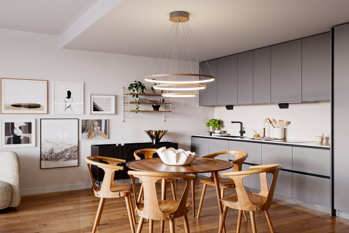 Trione Ø80 Noyer suspension De By Rydéns - Chaque anneau (80 cm, 60 cm et 40 cm de diam&egrave;tre) se r&egrave;gle facilement en hauteur et en position gr&acirc;ce &agrave; son support.