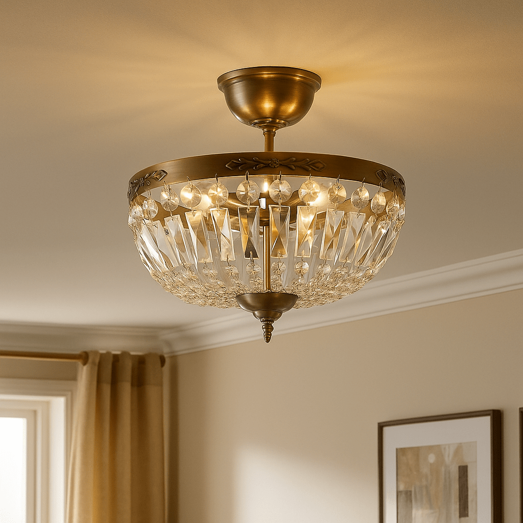 Windsor Ø40 Laiton antique cristal De Lampan - Les prismes scintillants refl&egrave;tent la lumi&egrave;re et cr&eacute;ent un jeu de lumi&egrave;re rayonnant qui conf&egrave;re &agrave; la pi&egrave;ce une atmosph&egrave;re luxueuse.