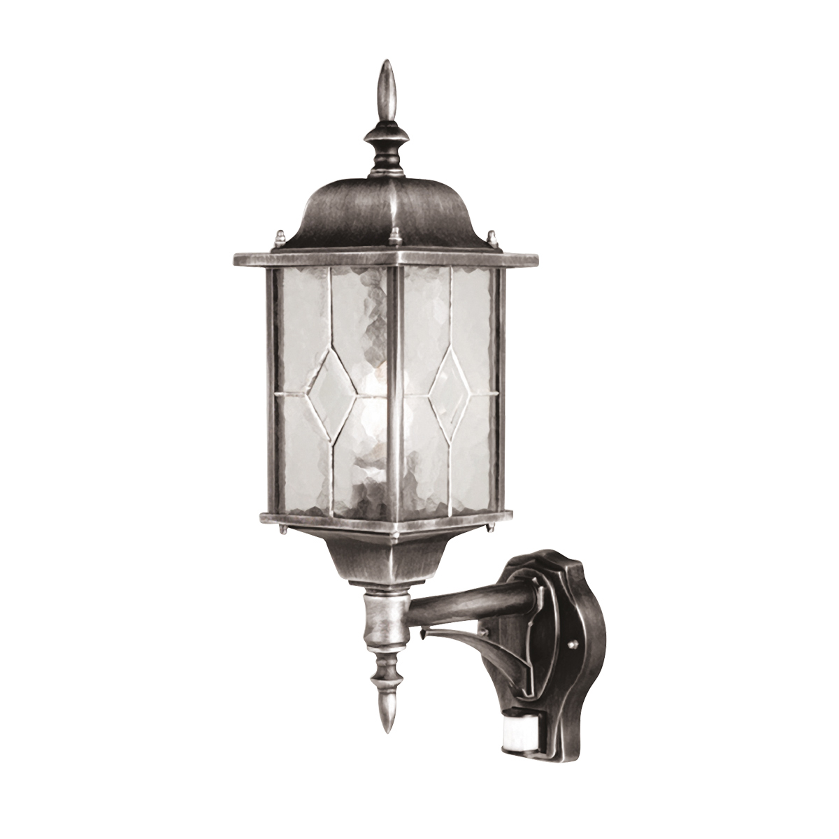 Wexford Argent lampe d’extérieur De Elstead Lighting - Elle est équipée d'un détecteur de mouvement pratique qui l'allume automatiquement dès qu'une personne se déplace dans un rayon de 1 à 8 mètres et un angle de détection de 120 degrés.