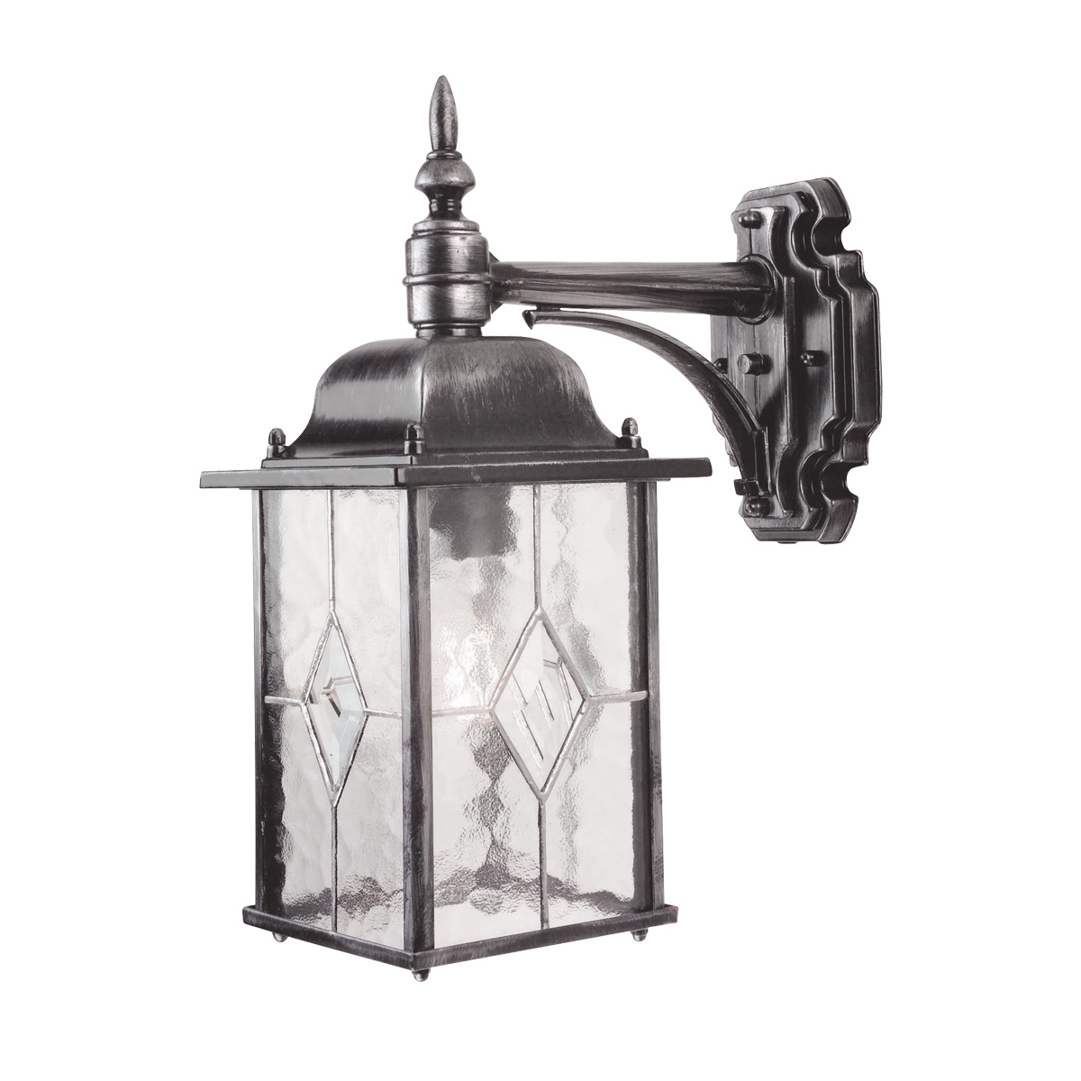 Wexford Argent lampe d’extérieur De Elstead Lighting - Wexford est une applique murale d'extérieur classique en aluminium, avec une élégante finition argent foncé et des éléments décoratifs en verre texturé façon vitrail.