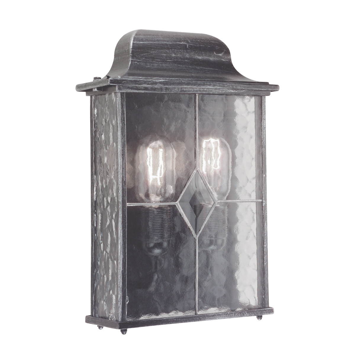 Wexford Argent lampe d’extérieur De Elstead Lighting - Wexford est une applique murale d'extérieur classique en aluminium, avec une élégante finition argent foncé et des panneaux de verre décoratifs à la texture de verre au plomb.