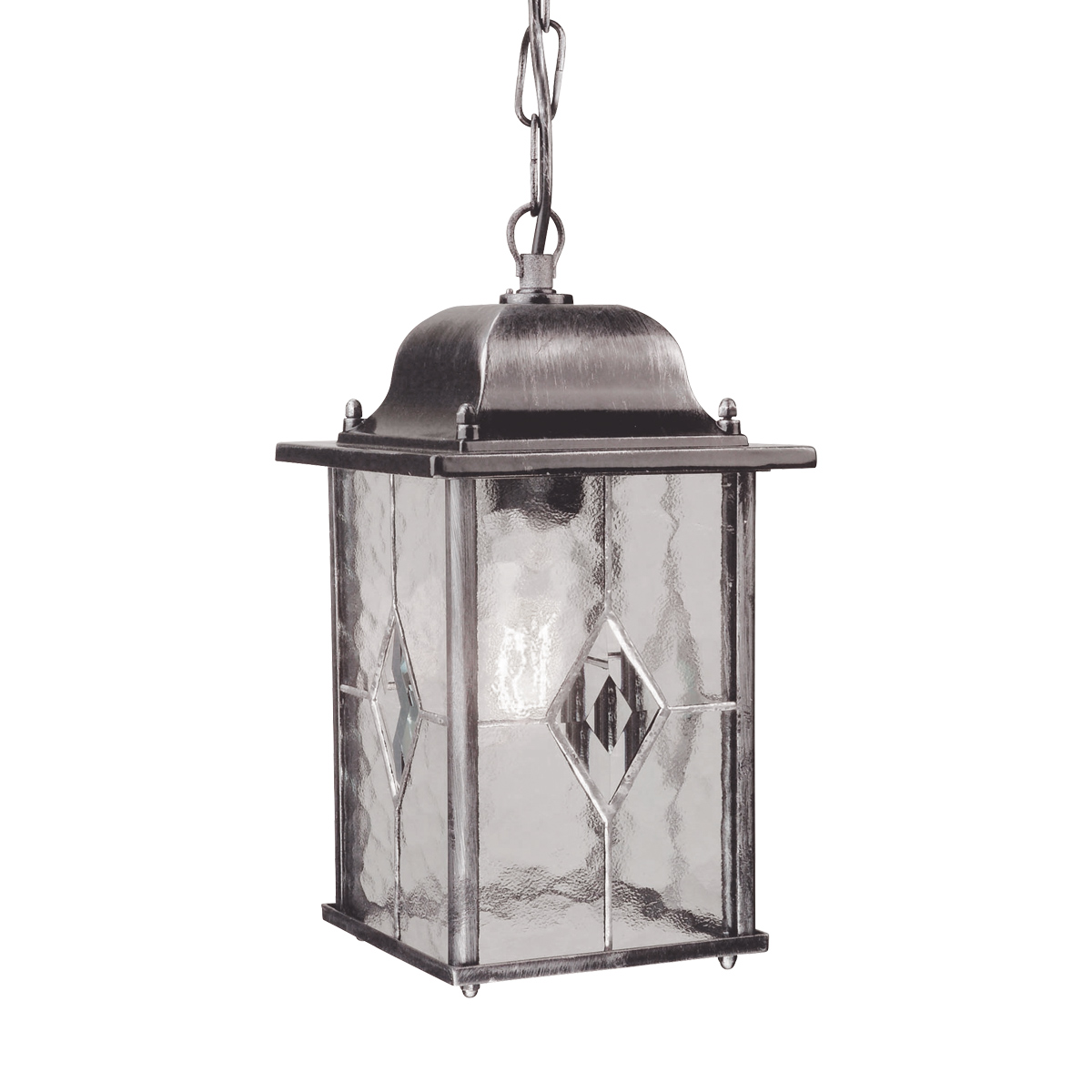 Wexford 16cm Argent De Elstead Lighting - Wexford est une lanterne suspendue d'extérieur classique en aluminium, avec une élégante finition argent foncé et des éléments décoratifs en verre imitant le vitrail.