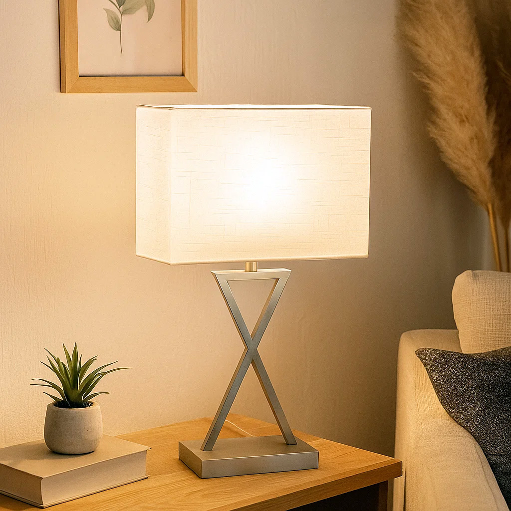 X-factor 54cm Nickel lampe de table De Nordic Lighting - La lampe de table X-Factor associe un pied en m&eacute;tal g&eacute;om&eacute;trique et moderne, dans une &eacute;l&eacute;gante finition nickel satin&eacute;, &agrave; un abat-jour en lin blanc.