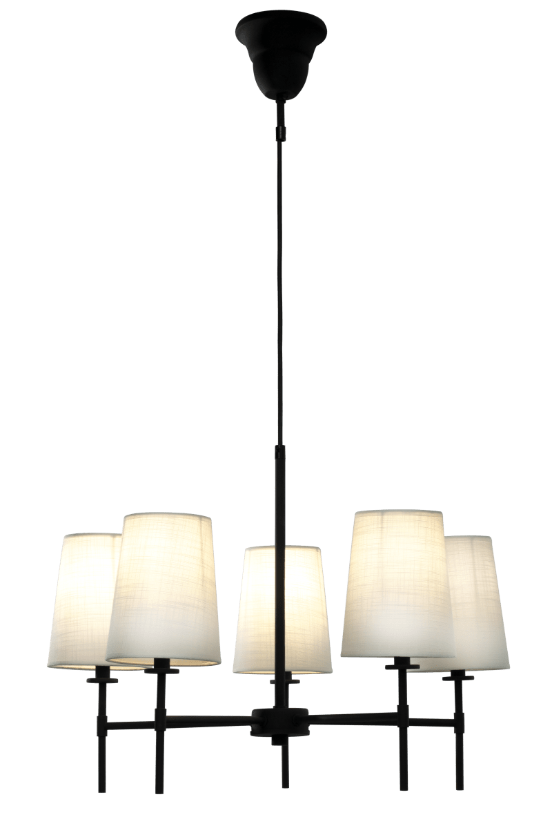 Verbier Ø58 Noir suspension De Aneta Lighting - Fabriqué en métal laqué noir à la surface légèrement rugueuse et doté d'abat-jour en tissu blanc, Verbier diffuse une lumière agréable et élégante, idéale pour éclairer la table lors de dîners conviviaux dans la cuisine ou la salle à manger.